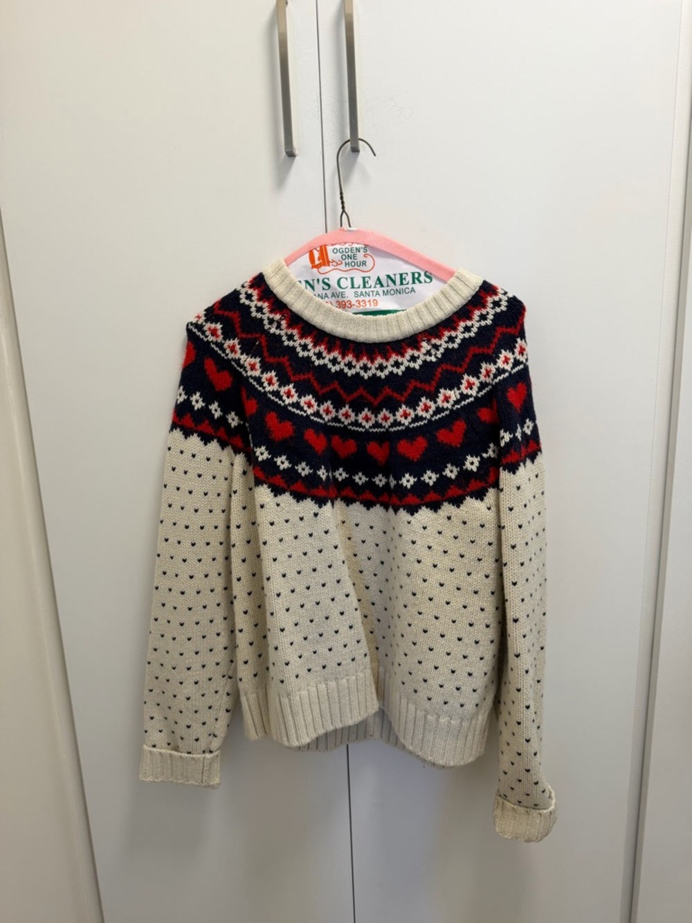 GAP Cream Sweater with Navy and Red Fair Isle Heart Yoke